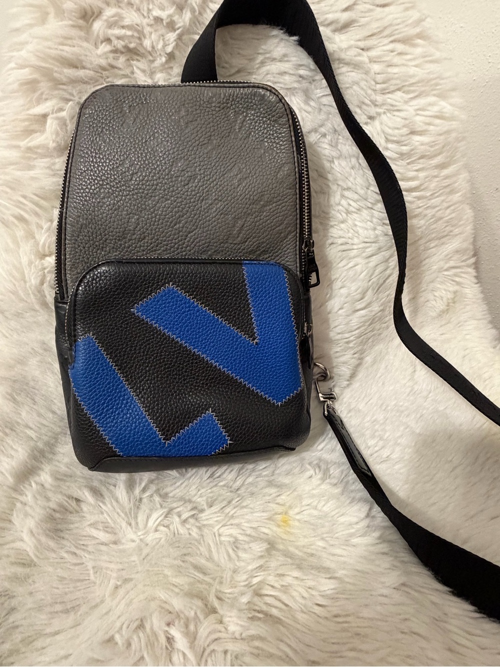 Louis Vuitton Black & Gray Leather Sling Bag with Blue Patch Detail